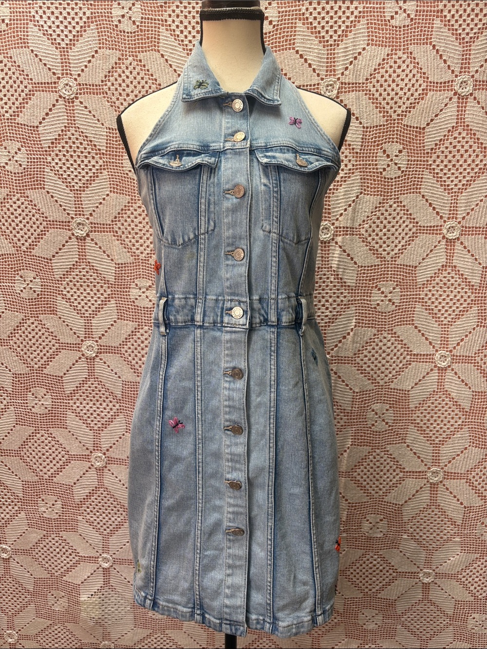 Embroidered Denim Halter Mini Dress Backless Button Front